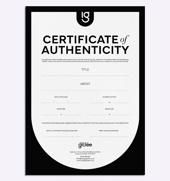 Certificate of Authenticity Giclee Printing, UK, Suffolk, Essex